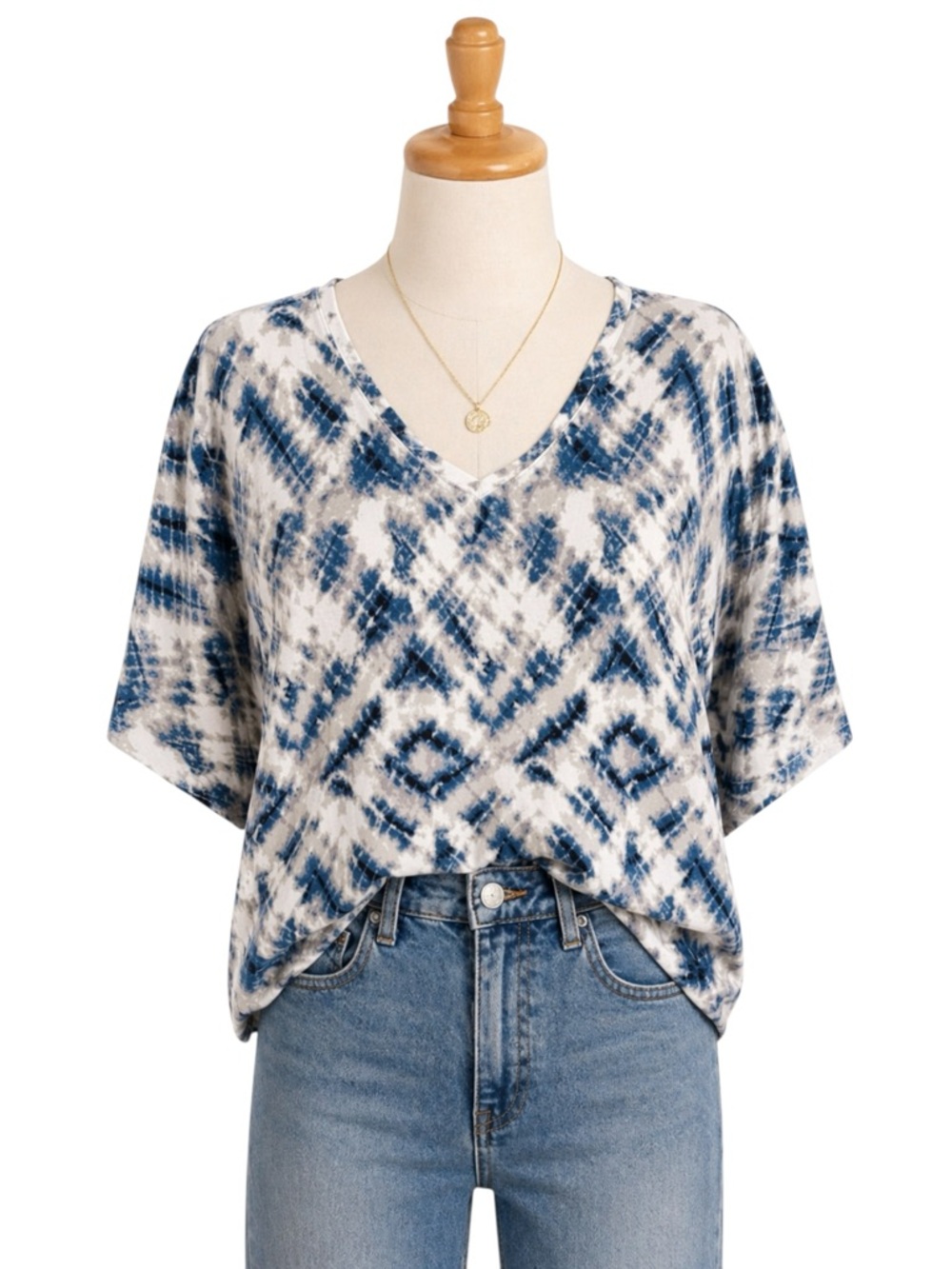 Tahari Womens Oversized Tied Dyed Blouse Top Small Baggy Boho Artsy Blue Casual